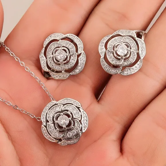 White Rhodium Camellia Earring Set - Picture 2 of 2